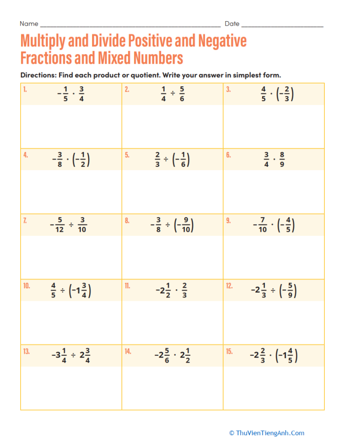 Worksheet for practicing the multiplication and division of positive and negative fractions