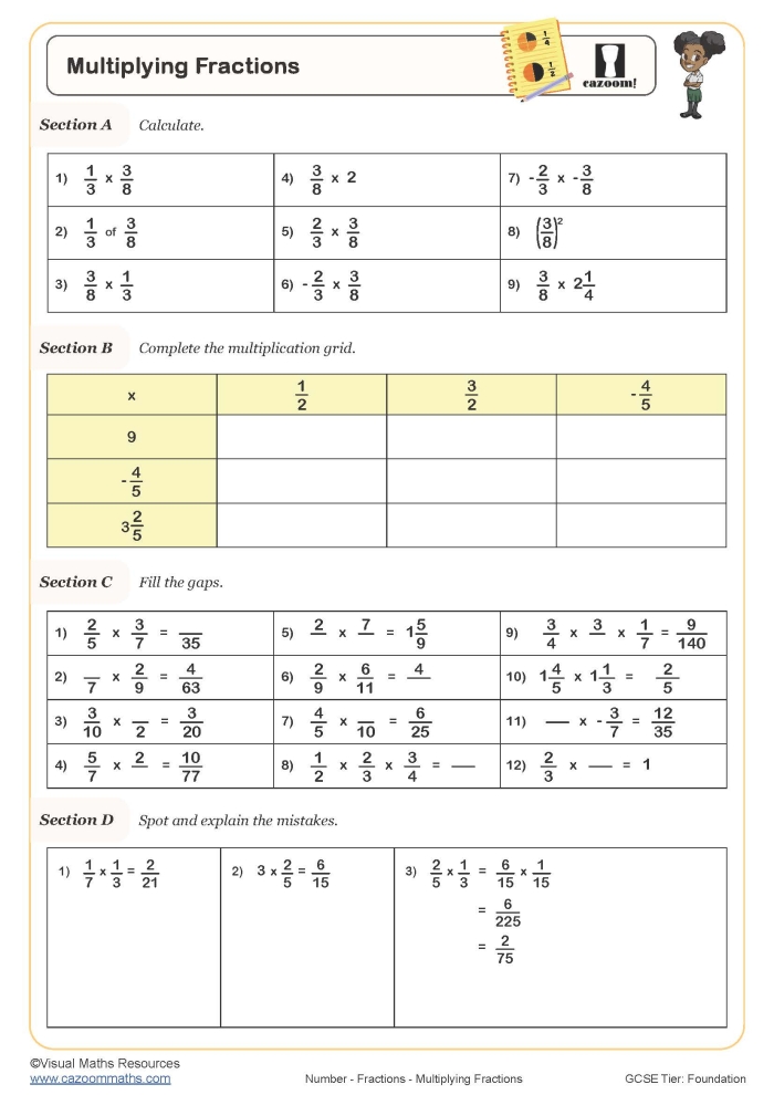 Worksheet for practicing multiplication and division of positive and negative fractions