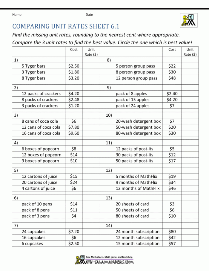 Seventh-grade math worksheet on unit rates involving fractions with real-life examples