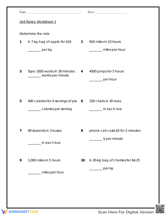 Seventh-grade math worksheet on unit rates with fractions featuring real-world examples