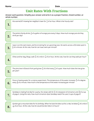 Students solving unit rates with fractions in a seventh-grade math worksheet