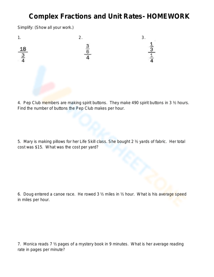 Seventh-grade math worksheet on unit rates with fractions featuring practical examples