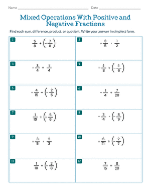 Worksheet for practicing multiplication and division of positive and negative fractions