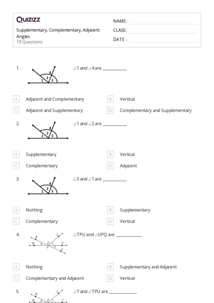 Seventh grade geometry worksheet featuring practice problems on identifying complementary, supplementary, vertical, and adjacent angles