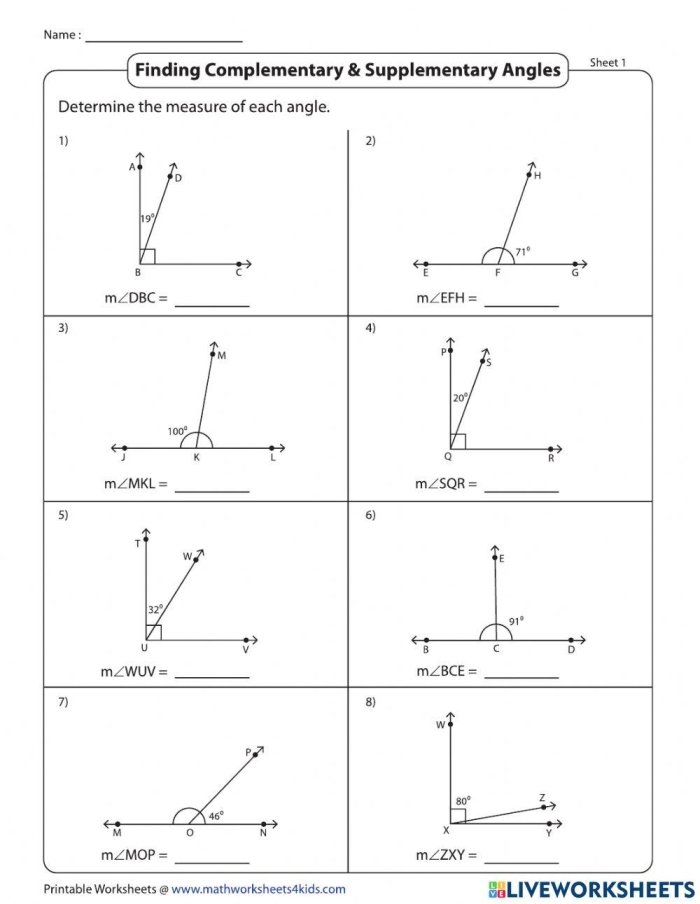 Seventh grade geometry worksheet covering the identification of complementary, supplementary, vertical, and adjacent angles