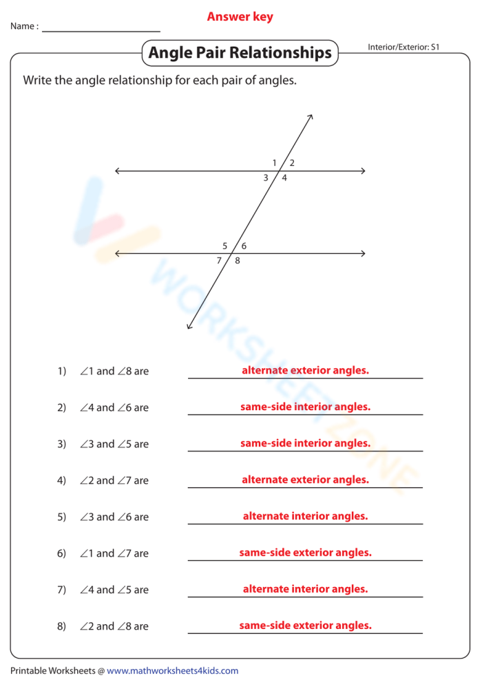 Angle Relationships Handout worksheet for seventh-grade students to understand geometry concepts