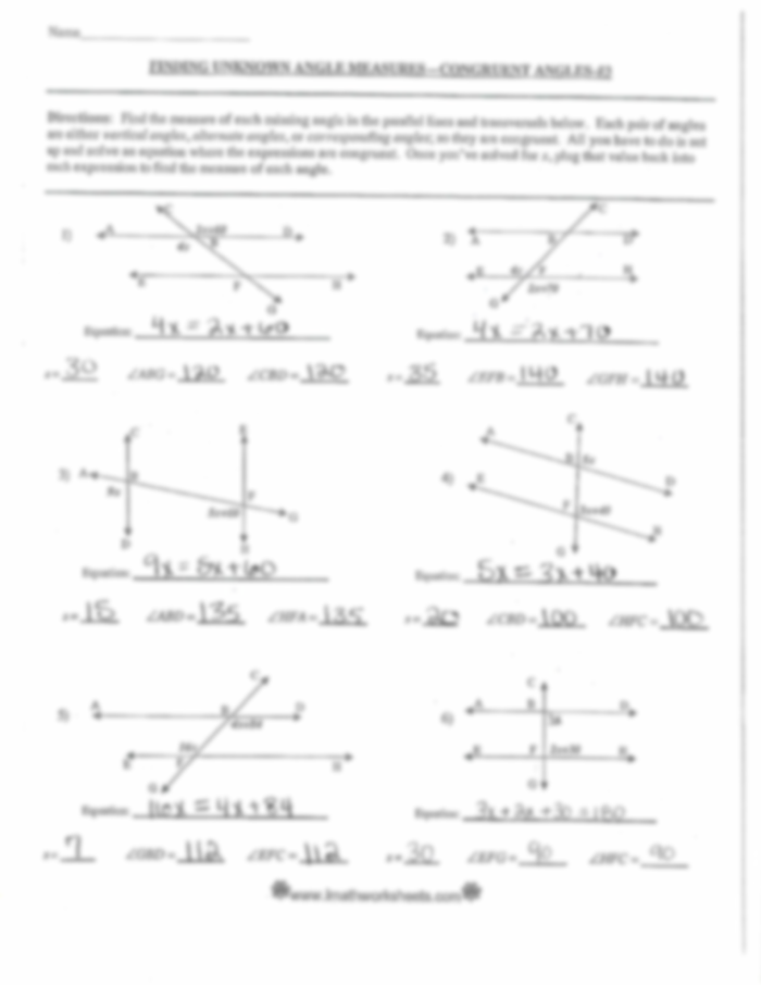 Seventh grade geometry handout featuring various angle relationships for students to practice
