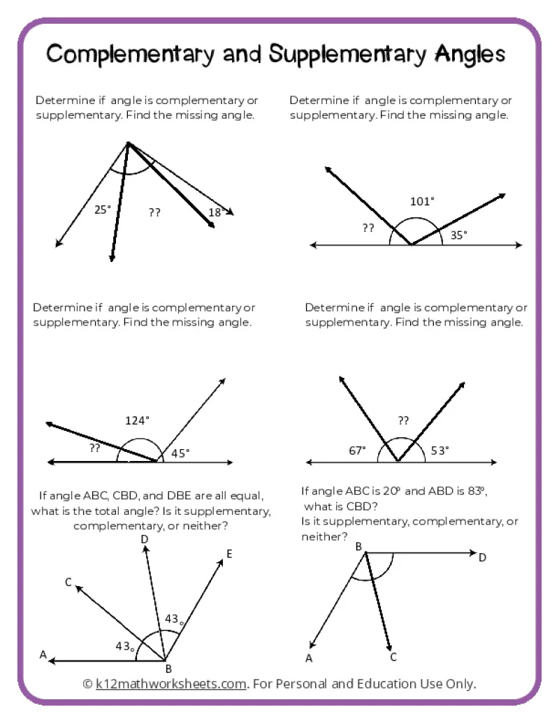 Seventh grade geometry worksheet featuring practice problems on complementary, supplementary, vertical, and adjacent angles