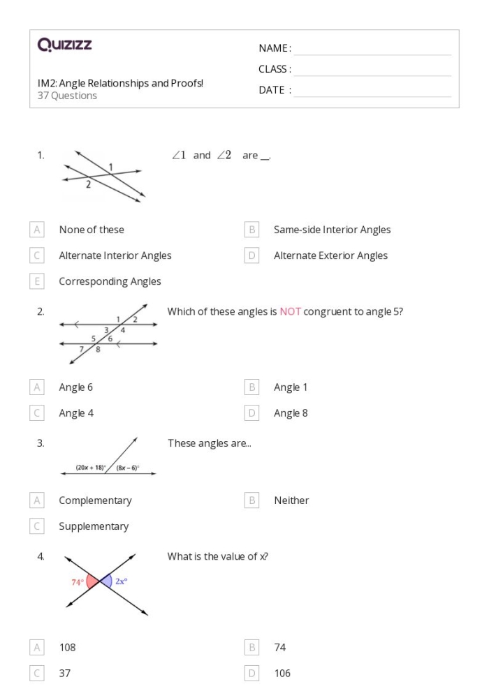 Seventh grade geometry worksheet featuring a collection of angle relationship problems for classroom practice