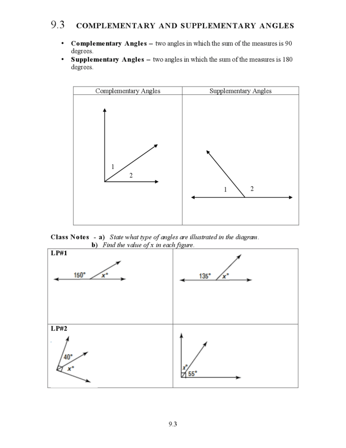 Seventh grade student completing a geometry worksheet about complementary and supplementary angles