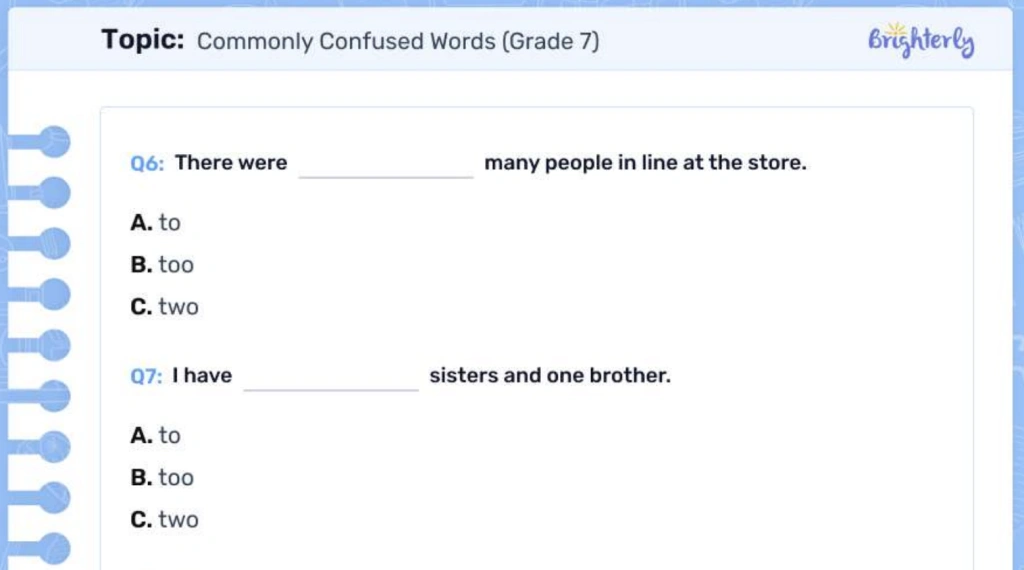 Seventh grade student completing a grammar worksheet on commonly confused words with pencil