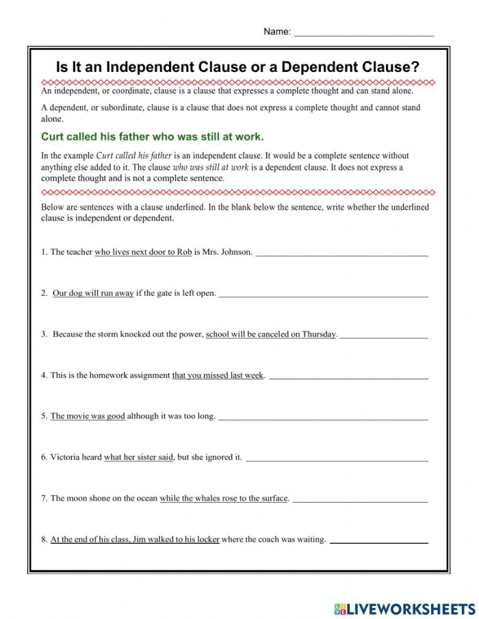 Seventh grade grammar worksheet focusing on identifying independent and dependent clauses in complex sentences