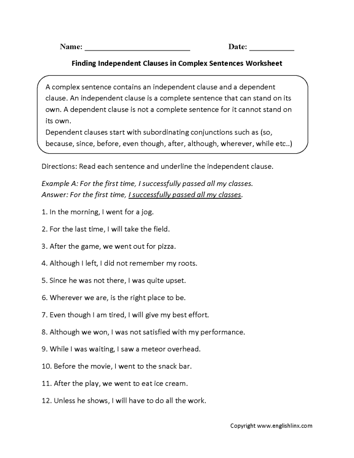Seventh grade grammar worksheet for identifying dependent and independent clauses in complex sentences