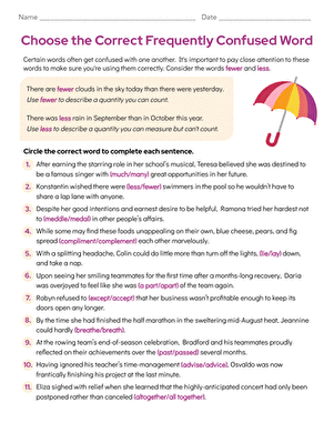 Seventh grade grammar worksheet for practicing frequently confused words