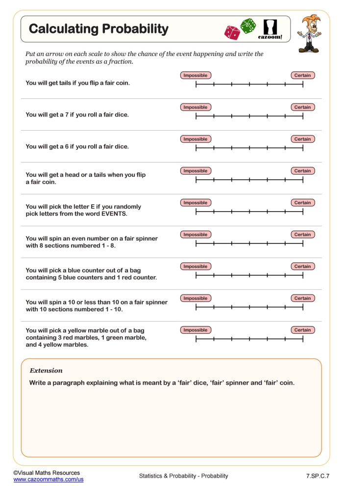 Probability worksheet for seventh graders featuring engaging scenarios for hands-on practice.