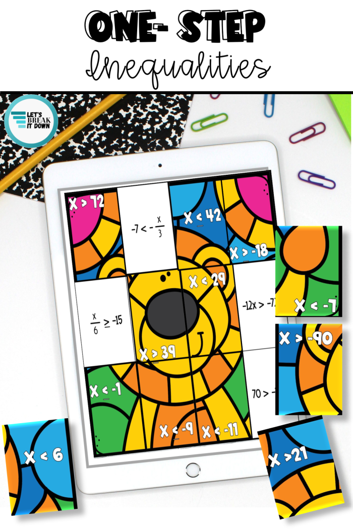 Seventh grade math worksheet featuring problems on solving one-step inequalities and graphing solutions