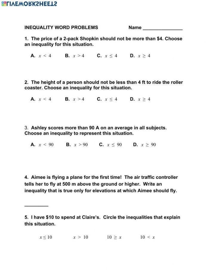 Seventh grade math worksheet featuring word problems that require writing and solving one-step inequalities