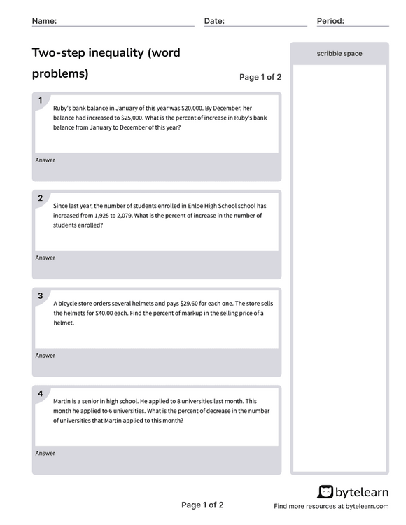 Seventh grade student solving two-step inequality word problems with real-world examples on worksheet 21