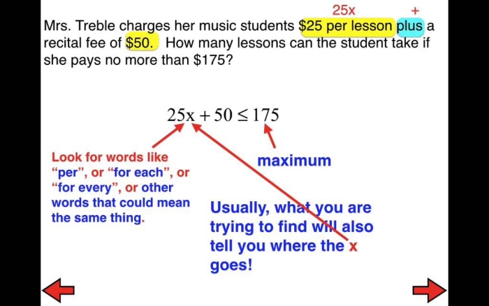 Seventh grade student solving two-step inequality word problems on a math worksheet with real-world scenarios