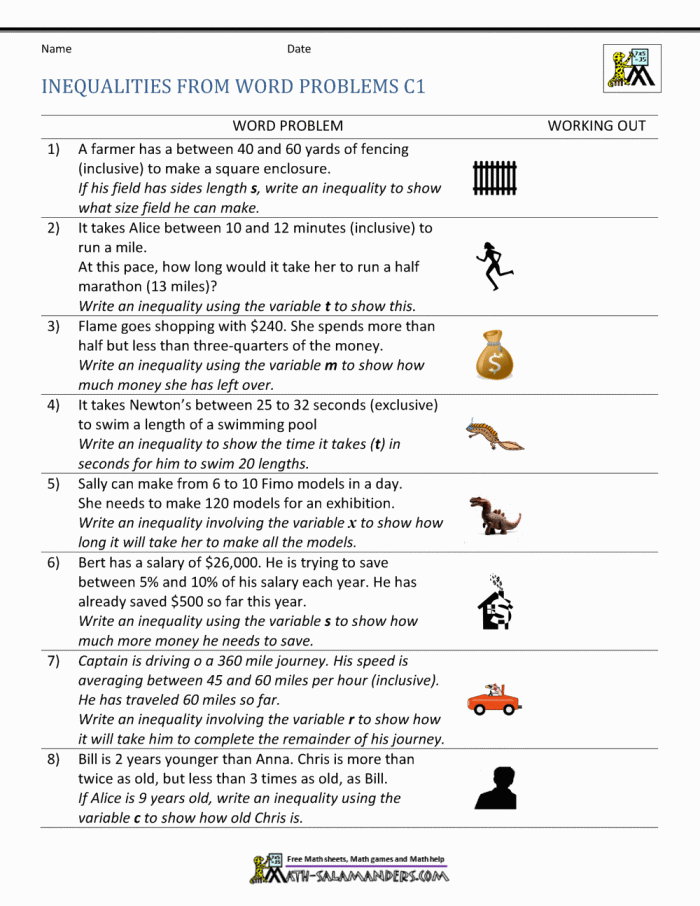 Seventh grade student completing a worksheet on writing and solving one-step inequality word problems