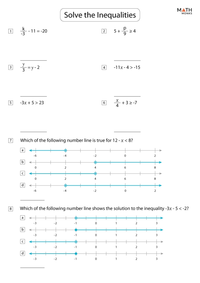A seventh-grade student solving two-step inequality word problems involving real-world scenarios and algebraic expressions on a math worksheet
