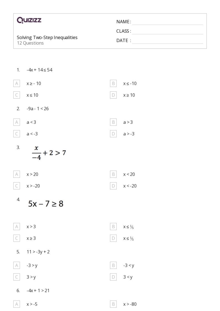 Seventh grade student solving two-step inequality word problems on a worksheet with real-world scenarios