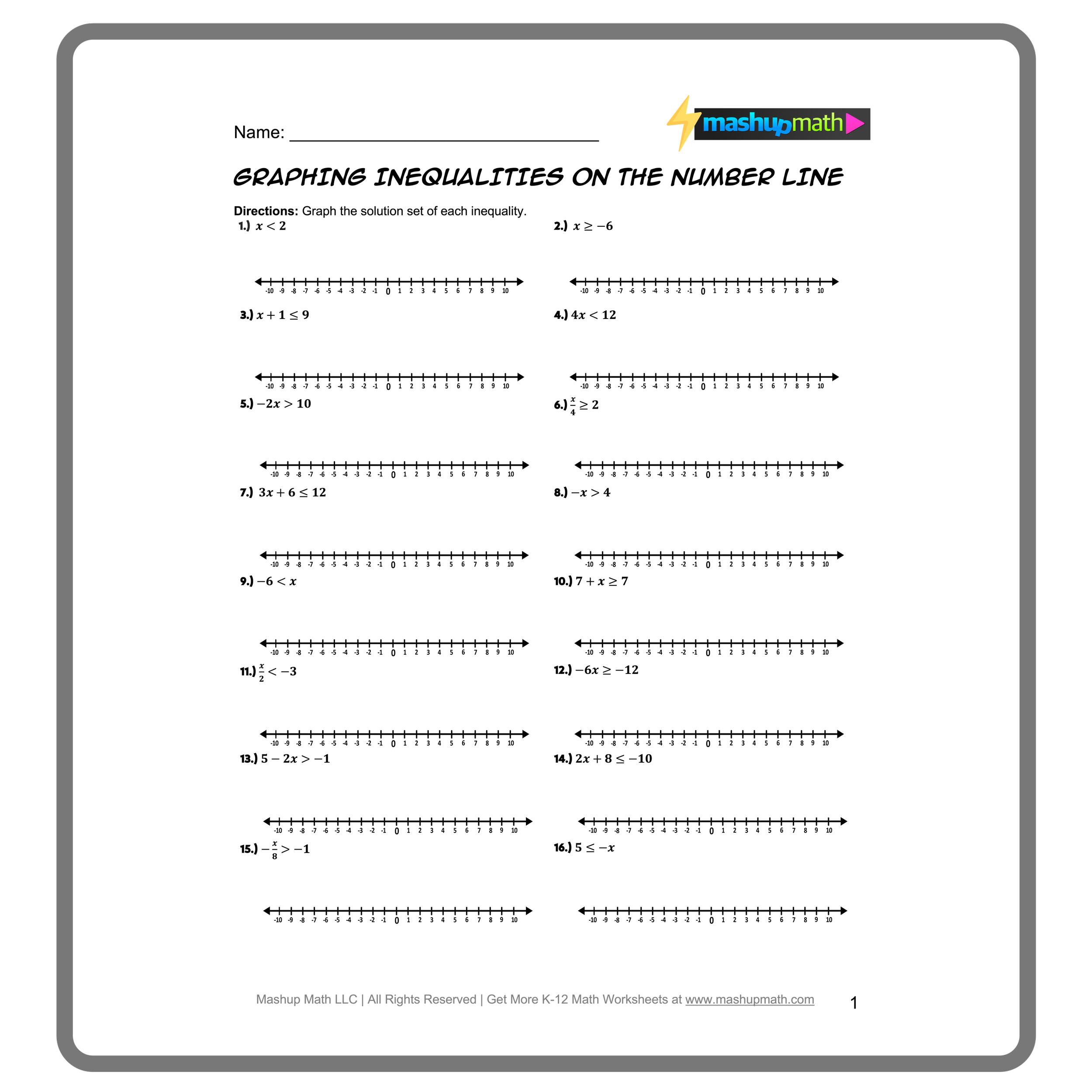Seventh grade student solving two-step inequality word problems on a worksheet with real-world scenarios and algebraic expressions
