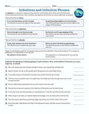 Infinitives and infinitive phrases worksheet designed for seventh-grade grammar practice