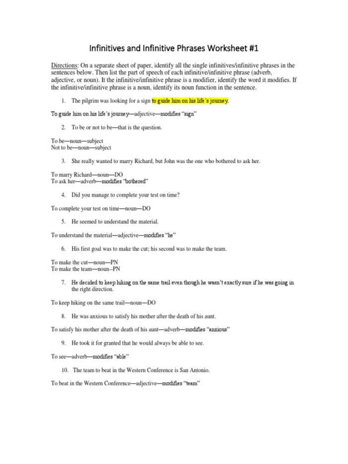 Infinitives and infinitive phrases worksheet for seventh graders demonstrating grammar concepts