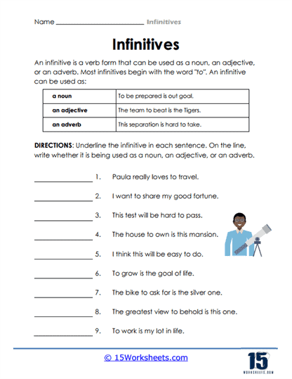 Infinitives and infinitive phrases worksheet for seventh-grade grammar practice