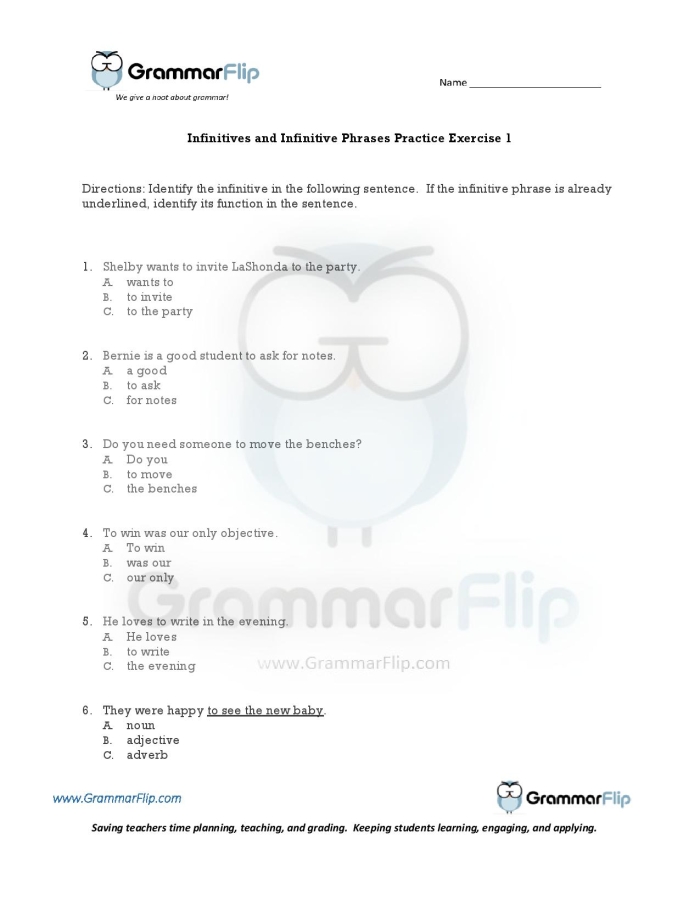 Infinitives and infinitive phrases worksheet designed for seventh-grade grammar practice