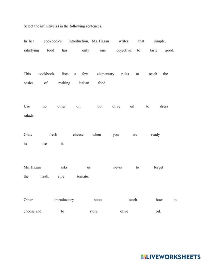 Infinitives and infinitive phrases worksheet for seventh-grade grammar practice