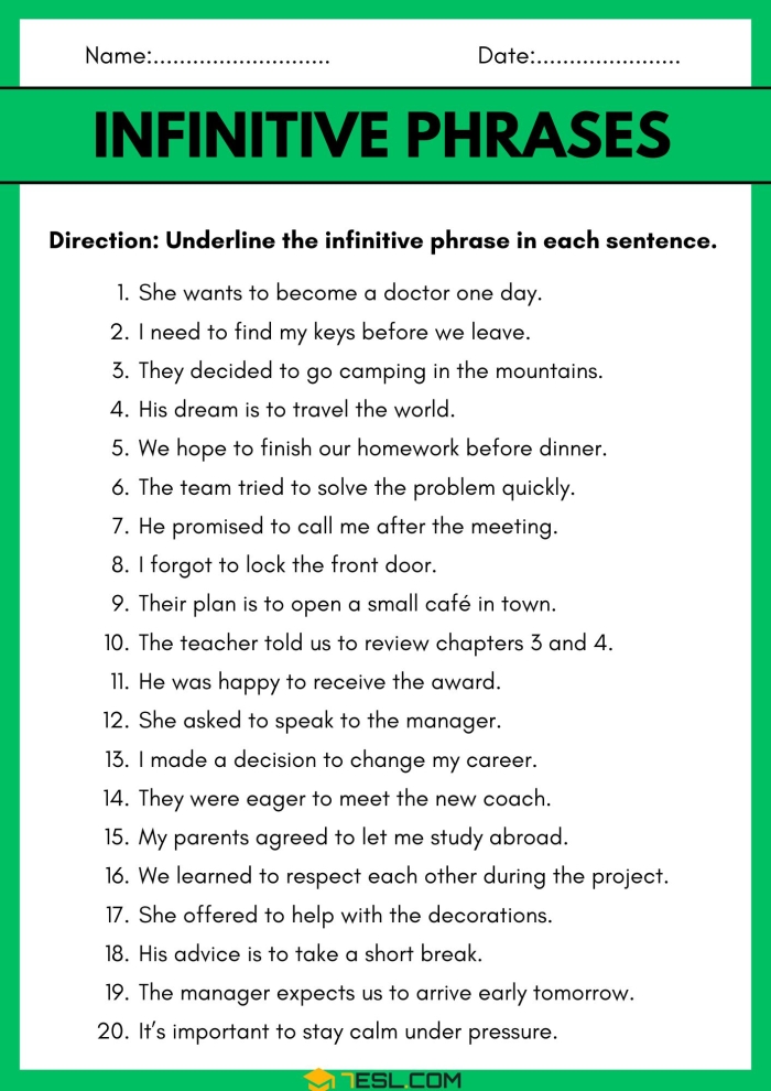 Worksheet featuring infinitives and infinitive phrases for seventh-grade grammar practice