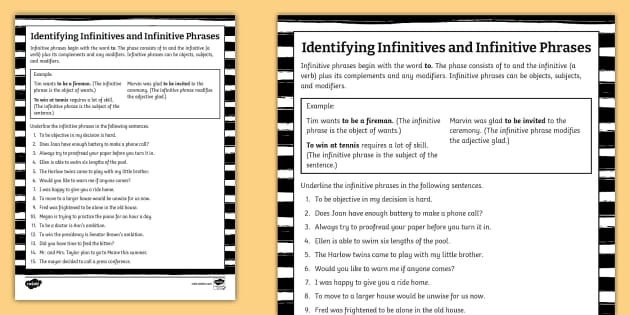 Infinitives and infinitive phrases worksheet for seventh grade grammar practice