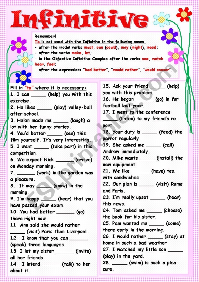 Infinitives and infinitive phrases worksheet for seventh-grade grammar practice