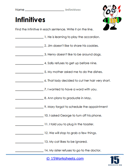 Infinitives and infinitive phrases worksheet for seventh-grade grammar practice