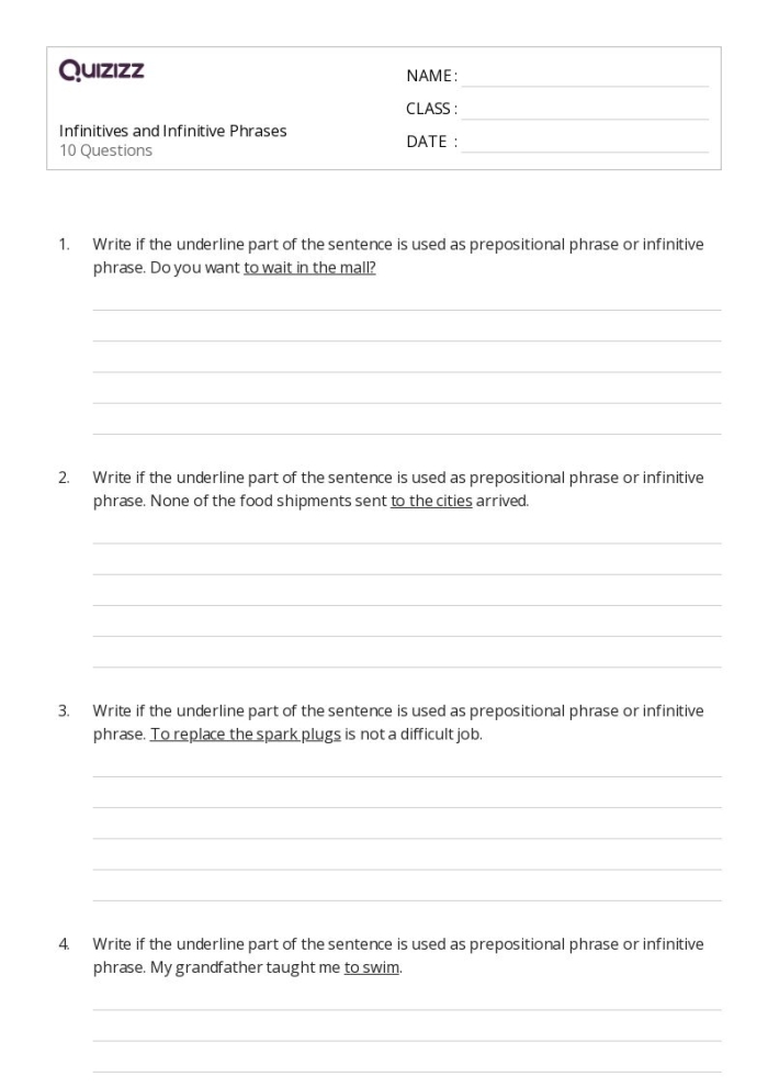 Infinitives and infinitive phrases worksheet designed for seventh-grade grammar practice