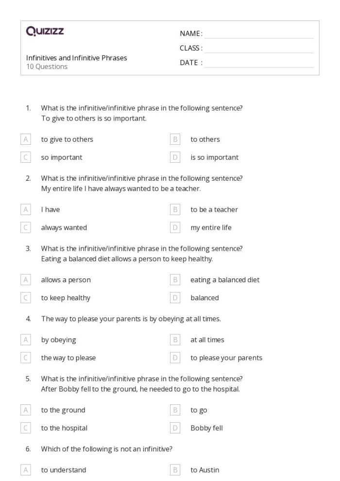 Infinitives and infinitive phrases worksheet for seventh-grade grammar practice