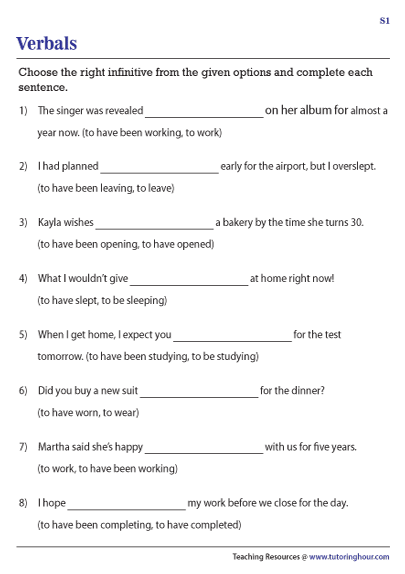 Infinitives and infinitive phrases worksheet for seventh-grade students