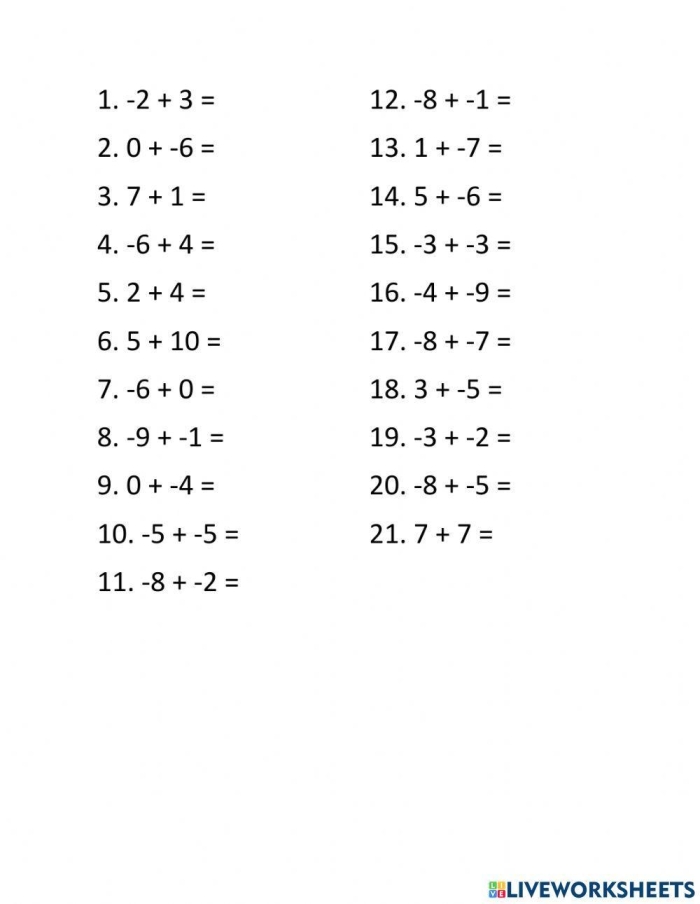 Seventh grade math worksheet focusing on the rules for adding integers