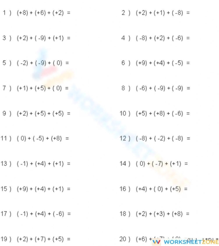 Seventh grade student filling out a math worksheet on integer addition rules and operations