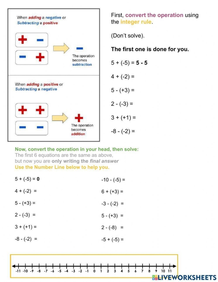 A seventh grade math student working on an Integer Addition Rules worksheet with various practice problems