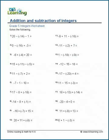 Seventh grade math worksheet featuring practice problems for adding and subtracting integers