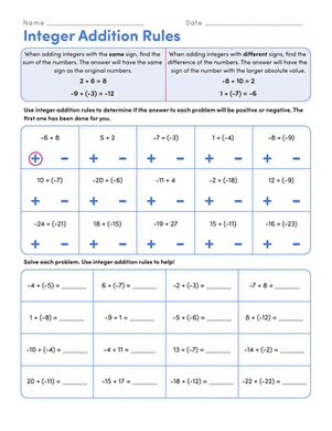 Seventh grade math worksheet featuring practice problems for adding positive and negative integers