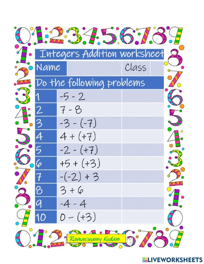 Seventh grade math worksheet featuring practice problems on adding integers with different signs