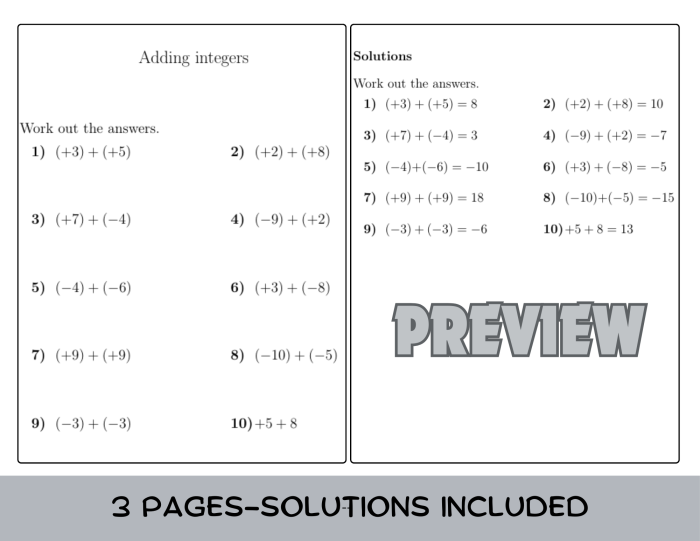 Worksheet for seventh graders practicing integer addition skills