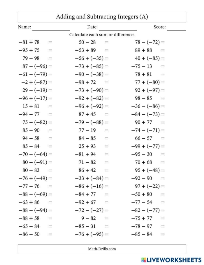 Seventh grade math worksheet focusing on the rules for adding integers