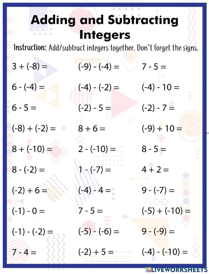 Seventh grade math worksheet featuring practice problems on integer addition rules
