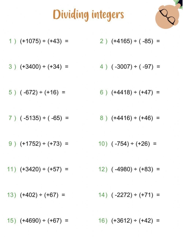Dividing Integers Practice Problems for Middle School Math Seventh grade students practicing division problems with positive and negative integers on a math worksheet