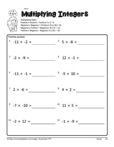 Multiplying Integers Worksheet for Seventh Grade Number Sense Practice 13 Seventh grade math worksheet featuring a series of practice problems for multiplying positive and negative integers